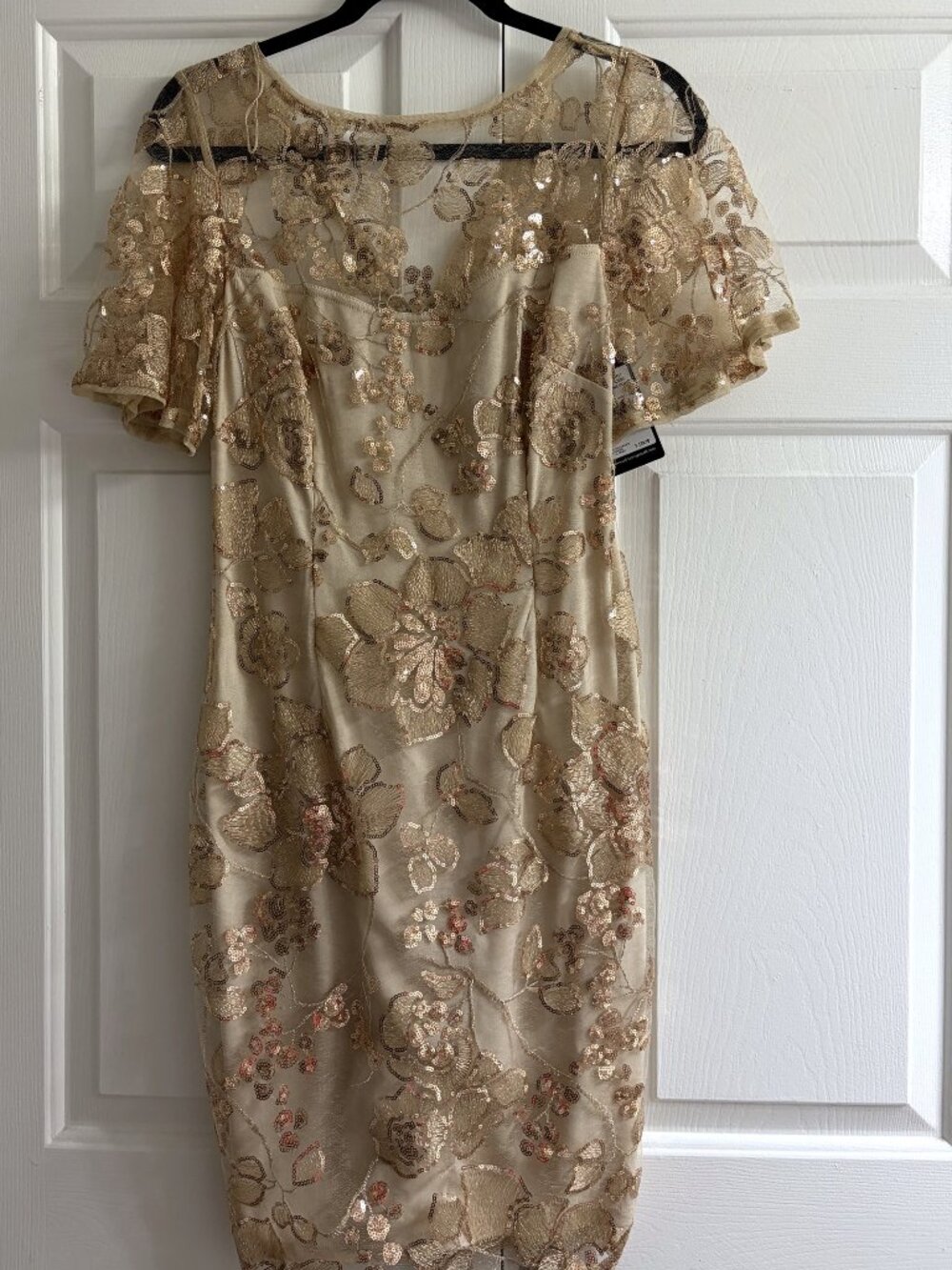 NWT Adrianna Papell Champagne Gold Sequin Embroidery Sheath Dress Size 4